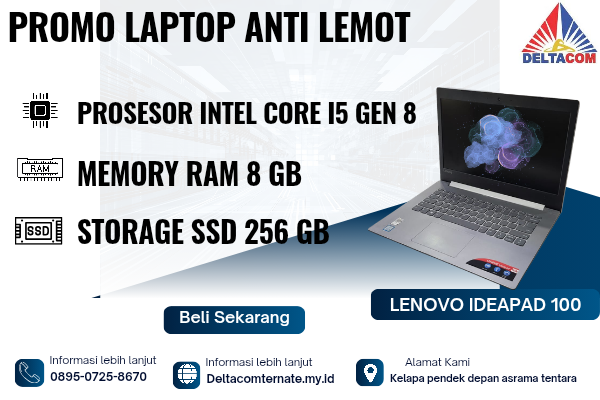 LENOVO IDEAPAD 100 , TYPE BARU BODY SLIM, PROSESOR INTEL CORE I5 GEN 8 MEMORY RAM 8 GB STORAGE SSD 256 GB DISPLAY 14 INCH MULUS , WARNAH SILVER, LEC